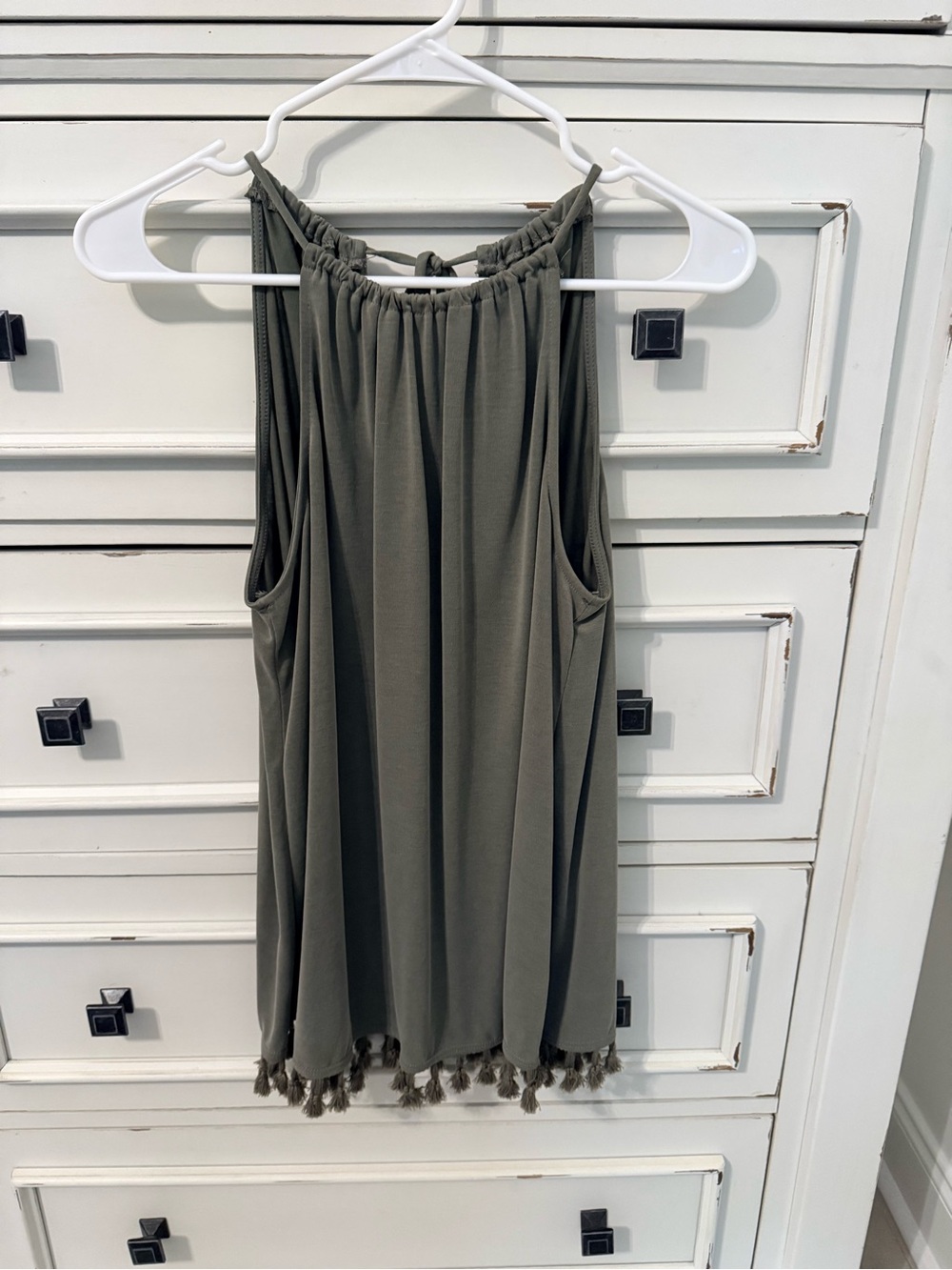 Green Envelope Olive Tassel-Hem Halter Tank